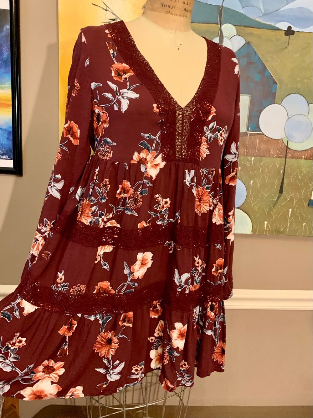 Xhilaration Burgundy Floral Tiered V-Neck Mini Dress X Small